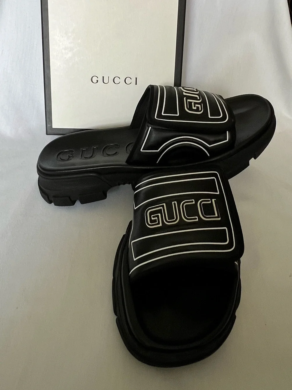 Gucci Black and White Logo Slide Sandals